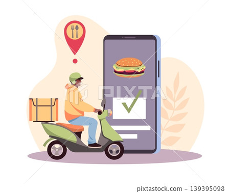 Food delivery service. Online food ordering, payment via smartphone app, express guy on scooter, restaurant or cafe location marker map pin, burger on screen vector cartoon isolated concept 139395098