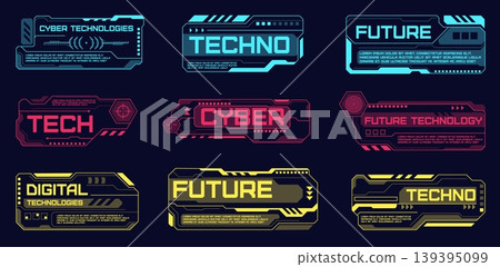 Futuristic frames labels. Hi tech cyber design emblems, sci fi games style text boxes, digital technology elements, interface banner templates neon decorative objects, qualitative vector set 139395099