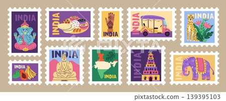India travel cards. Postage stamps with attractions, cultural sites, traditional national patterns and cuisine, eastern country food, animals and transport, garish vector cartoon flat set India travel cards. Postage stamps with attractions, cultural sites, traditional national patterns and cuisine, eastern country food, animals and transport, garish vector cartoon flat set 139395103
