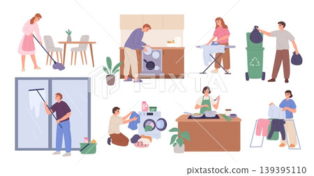 Men and women house chore. Married couple is cleaning rooms, responsibilities distribution, family life, washing, cooking, home environment, garish vector cartoon flat style household set Men and women house chore. Married couple is cleaning rooms, responsibilities distribution, family life, washing, cooking, home environment, garish vector cartoon flat style household set 139395110