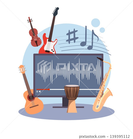 Music video. Audio composition, official movie track, online recording, guitar, violin, musical instruments and audio screen, studio equipment sound editing, vector cartoon isolated concept Music video. Audio composition, official movie track, online recording, guitar, violin, musical instruments and audio screen, studio equipment sound editing, vector cartoon isolated concept 139395112
