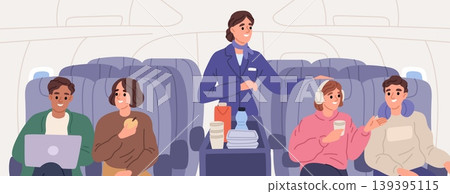 Passengers on plane. Flight attendant delivers food, people travel by air, airplane services, economy class seats, customer assistance in transport, garish vector cartoon isolated concept Passengers on plane. Flight attendant delivers food, people travel by air, airplane services, economy class seats, customer assistance in transport, garish vector cartoon isolated concept 139395115