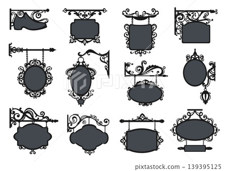 Antique wrought iron sign boards silhouette. Empty store labels with vintage decorative hanging elements, elegant ornaments and swirls, labels for business signboard, splendid vector set Antique wrought iron sign boards silhouette. Empty store labels with vintage decorative hanging elements, elegant ornaments and swirls, labels for business signboard, splendid vector set 139395125