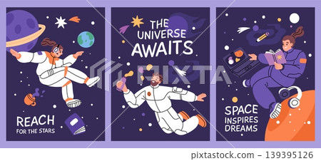 Astronauts in zero gravity cards. Space characters zero gravity, cosmos explorers in spacesuits, floating people, planets and stars, posters or print garish vector cartoon isolated set Astronauts in zero gravity cards. Space characters zero gravity, cosmos explorers in spacesuits, floating people, planets and stars, posters or print garish vector cartoon isolated set 139395126