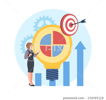 Business analysis. Vision and scope, definition of goals achievement, setting tasks, growing charts, idea target, planning strategy, management analytics focus, vector cartoon flat concept Business analysis. Vision and scope, definition of goals achievement, setting tasks, growing charts, idea target, planning strategy, management analytics focus, vector cartoon flat concept 139395128