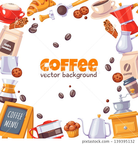 Cartoon coffee background. Hot drink accessories, morning espresso, cappuccino elements frame, croissants, cupcakes, empty frame for card and poster design classy vector isolated concept Cartoon coffee background. Hot drink accessories, morning espresso, cappuccino elements frame, croissants, cupcakes, empty frame for card and poster design classy vector isolated concept 139395132