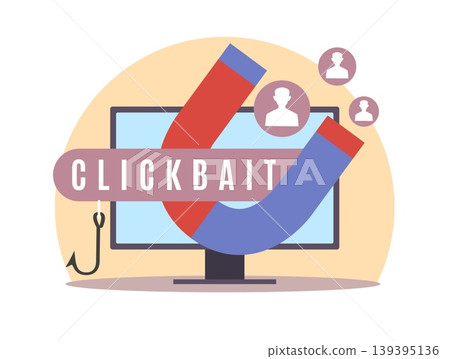 Clickbait online content. Large magnet attracts new users, followers and views, traffic expansion, attraction on screen, computer with magnet, traffic manipulation, vector cartoon concept Clickbait online content. Large magnet attracts new users, followers and views, traffic expansion, attraction on screen, computer with magnet, traffic manipulation, vector cartoon concept 139395136