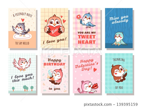 Cute birds cards. Funny banners with little sparrow characters, congratulations, confessions and wishes, feathered mascot, poster or print template design, tidy vector cartoon isolated set 139395159