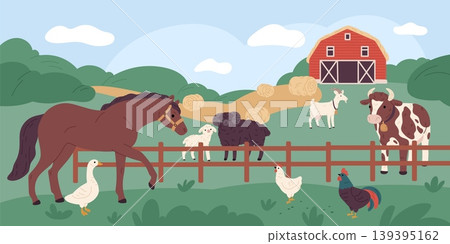 Farm animals composition. Cattle and poultry in yard, rural life, domestic animals on meadow, horse, sheep, cow and chickens, rural scene with barn, garish vector cartoon isolated concept Farm animals composition. Cattle and poultry in yard, rural life, domestic animals on meadow, horse, sheep, cow and chickens, rural scene with barn, garish vector cartoon isolated concept 139395162