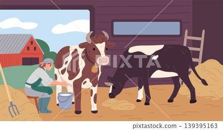 Farmer with cow. Woman in apron milks cow in barn, bull eats hay, cattle care, rural household, agricultural worker, dairy farm scene with livestock garish vector cartoon isolated concept Farmer with cow. Woman in apron milks cow in barn, bull eats hay, cattle care, rural household, agricultural worker, dairy farm scene with livestock garish vector cartoon isolated concept 139395163