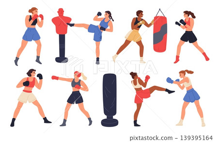 Female boxing. Professional athletes train, practicing strikes and protection, sports tops and shorts, girls fighters, combat sports fitness, gym workout, garish vector cartoon isolated set Female boxing. Professional athletes train, practicing strikes and protection, sports tops and shorts, girls fighters, combat sports fitness, gym workout, garish vector cartoon isolated set 139395164