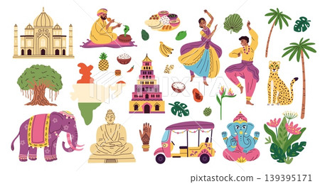 India traditional elements. Cultural symbols, national costumes, country statues and sights, animals, plants and cuisine, national heritage and travel garish vector cartoon isolated set India traditional elements. Cultural symbols, national costumes, country statues and sights, animals, plants and cuisine, national heritage and travel garish vector cartoon isolated set 139395171