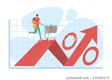 Inflationary process. Growth and rising food prices and goods, population impoverishment, economic problems, retail market trends, purchasing behavior, vector cartoon isolated concept 139395173
