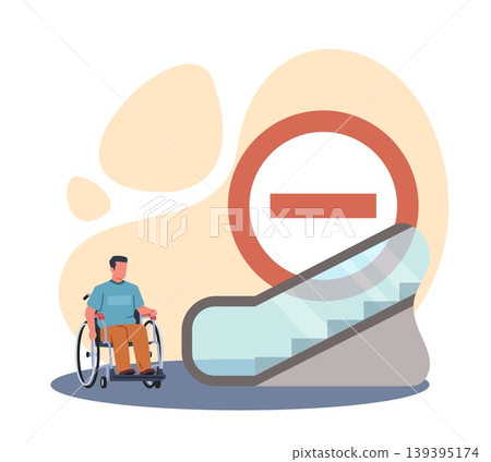 Infringement of people with disabilities. No ramp, technical means that make life easier, wheelchair user by blocked escalator, mobility barriers in a public building vector cartoon concept Infringement of people with disabilities. No ramp, technical means that make life easier, wheelchair user by blocked escalator, mobility barriers in a public building vector cartoon concept 139395174