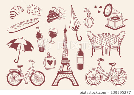 Parisian themed elements collection. French cafe elements, wine, croissant, retro bicycle. Romantic travel symbols. Sketch. Parisian themed elements collection. French cafe elements, wine, croissant, retro bicycle. Romantic travel symbols. Sketch. 139395277