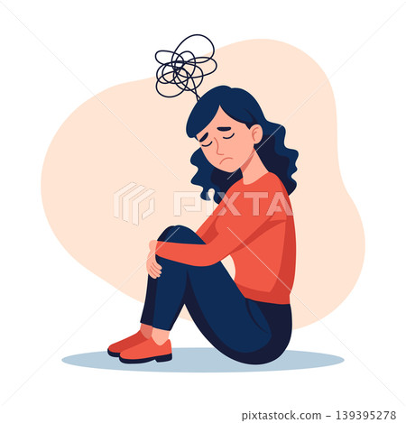 Woman with tangled thoughts above his head, feeling stressed and anxious. Illustration. Woman with tangled thoughts above his head, feeling stressed and anxious. Illustration. 139395278
