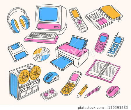 Set of hand drawn doodle electronics. Retro Computer and Electronic Devices Elements Collection. 139395283