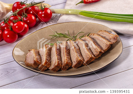 Gourmet Pan Seared Duck Breast Slices Served with Fresh Cherry Tomatoes Gourmet Pan Seared Duck Breast Slices Served with Fresh Cherry Tomatoes 139395431