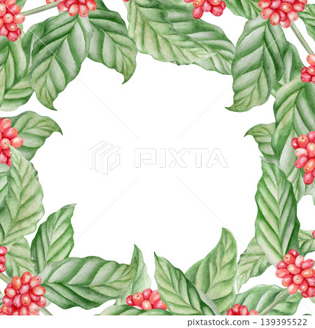 Watercolor coffee tree branches with red berries square frame. Botanical hand drawn border for cafe decor, coffee packaging and menu design. Elegant foliage isolated on white background. Watercolor coffee tree branches with red berries square frame. Botanical hand drawn border for cafe decor, coffee packaging and menu design. Elegant foliage isolated on white background. 139395522