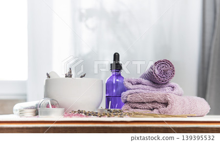 Lavender spa wellness concept with aromatherapy products Lavender spa wellness concept with aromatherapy products 139395532