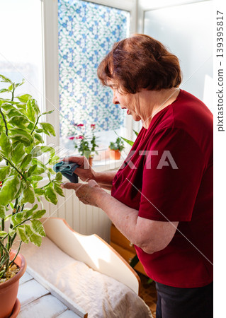 Elderly Caucasian woman caring for houseplants at home. She waters potted greenery and enjoys a peaceful hobby. Concept of happy retirement and gardening. Vertical 139395817