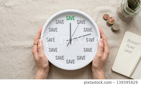 Woman Holding Clock with SAVE Text Personal Finance and Budgeting Concept Woman Holding Clock with SAVE Text Personal Finance and Budgeting Concept 139395829