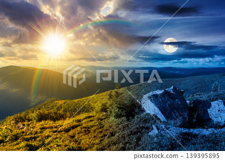 day meet night above Carpathian mountain summer landscape. sun and moon in harmony over meadow with stones among the grass on hillside near the peak of mountain range. alpine meadow and rolling hills day meet night above Carpathian mountain summer landscape. sun and moon in harmony over meadow with stones among the grass on hillside near the peak of mountain range. alpine meadow and rolling hills 139395895