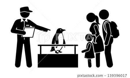 Zoo guide and penguins, family visitors Zoo guide and penguins, family visitors 139396017
