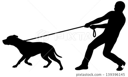 Silhouette of a person struggling to stay still while being pulled by a dog. Silhouette of a person struggling to stay still while being pulled by a dog. 139396145