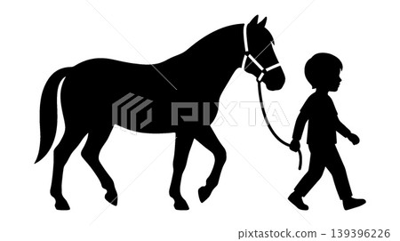 孩子和馬的剪影 孩子和馬的剪影 139396226