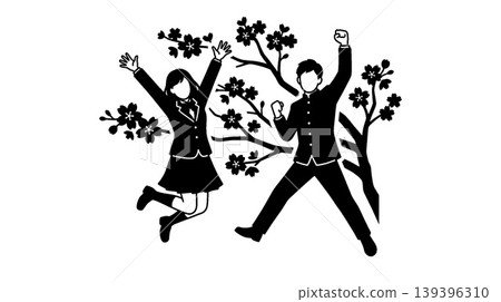An illustration of Japanese students expressing their joy under cherry blossoms. An illustration of Japanese students expressing their joy under cherry blossoms. 139396310