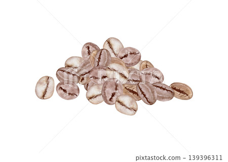 Watercolor roasted coffee beans pile illustration. Hand drawn botanical composition for cafe menu, coffee packaging and branding design. Organic brown seeds isolated on white background. 139396311
