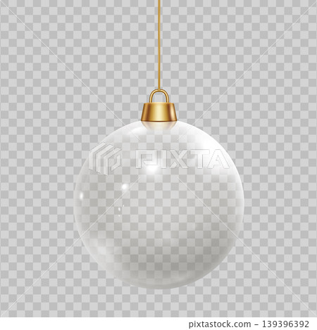 3D realistic Christmas ball hanging on golden rope, vector transparent glass ball with glares, volume festive decoration 3D realistic Christmas ball hanging on golden rope, vector transparent glass ball with glares, volume festive decoration 139396392