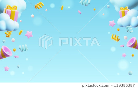 3D gift boxes with firecrackers in clouds, vector realistic festive background, holiday surprise, birthday celebration 139396397