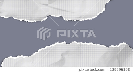 White checkered torn paper sheet frame edges with empty space on gray background, vector ripped crumpled texture page White checkered torn paper sheet frame edges with empty space on gray background, vector ripped crumpled texture page 139396398