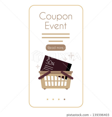 Coupon event with shopping basket on smartphone screen sale app brown design, 50 percent off voucher discount offer Coupon event with shopping basket on smartphone screen sale app brown design, 50 percent off voucher discount offer 139396403