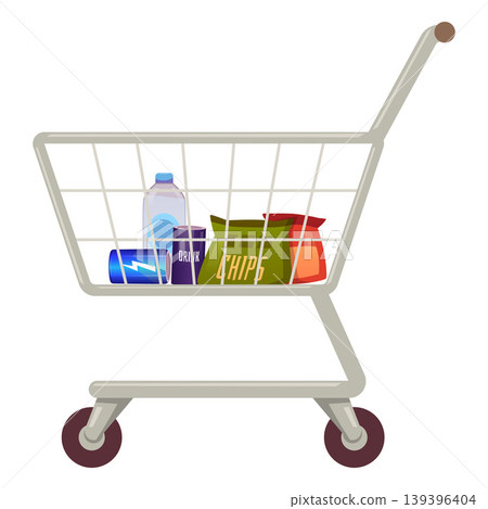 Shopping cart with food, vector flat metal basket container on wheels with purchases bottle of water can drink and chips 139396404