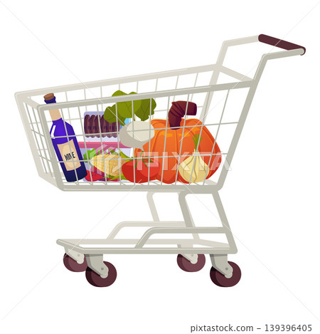Shopping cart with food, vector flat metal basket container on wheels with purchases wine bottle, vegetables and cookies Shopping cart with food, vector flat metal basket container on wheels with purchases wine bottle, vegetables and cookies 139396405