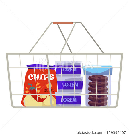 Shopping basket with food, vector flat metal basket container with handles for grocery purchases, cookies and chips Shopping basket with food, vector flat metal basket container with handles for grocery purchases, cookies and chips 139396407