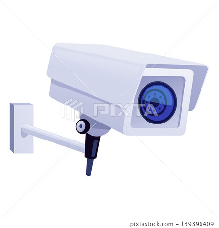Outdoor CCTV camera, on a bracket, facing right, white. Outdoor CCTV camera, on a bracket, facing right, white. 139396409