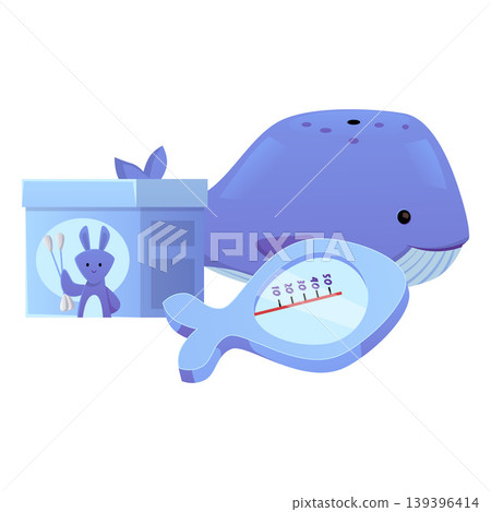 Baby bath accessories, cartoon blue water thermometer, whale toy and cotton swabs, vector flat newborn care stuff 139396414