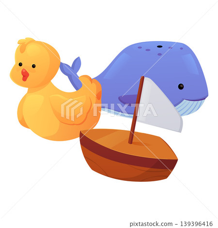 A set of children's bath toys, a yellow rubber duck, a blue whale, and a wooden sailboat. A set of children's bath toys, a yellow rubber duck, a blue whale, and a wooden sailboat. 139396416