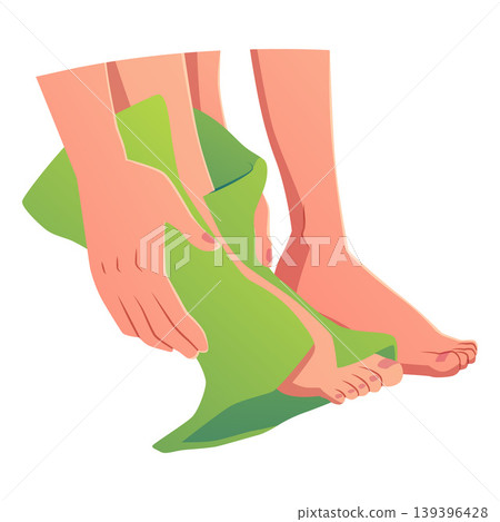 Drying feet with a green towel after bathing, personal hygiene, spa. Drying feet with a green towel after bathing, personal hygiene, spa. 139396428