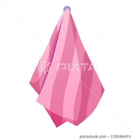 A pink striped towel hanging on a hook, a bathroom and kitchen accessory. A pink striped towel hanging on a hook, a bathroom and kitchen accessory. 139396433
