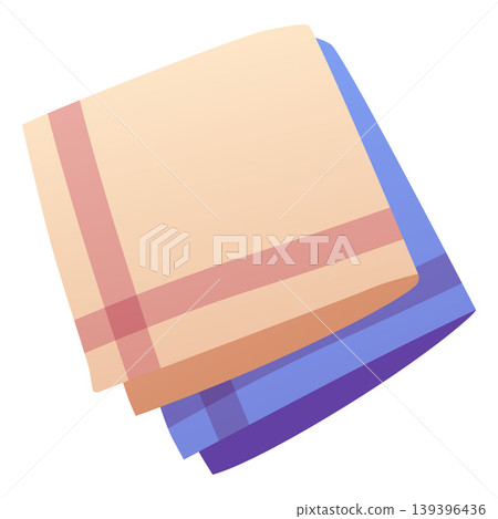 A stack of folded towels or napkins, beige and blue, with stripes. A stack of folded towels or napkins, beige and blue, with stripes. 139396436