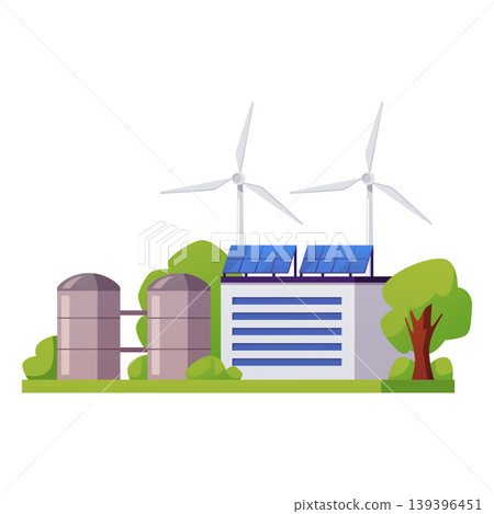 An eco-friendly factory building with wind turbines, solar panels, silos, and green trees. An eco-friendly factory building with wind turbines, solar panels, silos, and green trees. 139396451