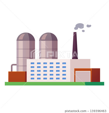 Industrial factory building with tall silos and a smoking chimney. Industrial factory building with tall silos and a smoking chimney. 139396463