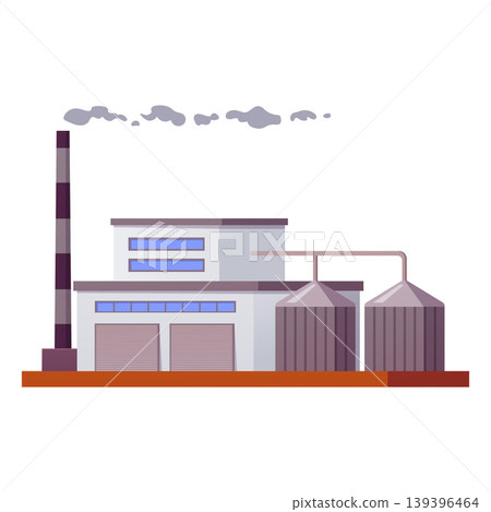 Factory building vector flat illustration, industrial manufacturing plant complex architecture with smoke chimney, tanks 139396464