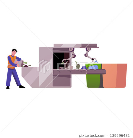 Garbage sorting conveyor machine with robotic arms, man working on recycling factory, empties the trash can flat vector Garbage sorting conveyor machine with robotic arms, man working on recycling factory, empties the trash can flat vector 139396481
