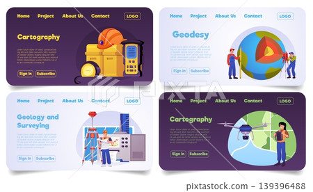 A set of banners featuring surveyors, equipment, a drone, and planet Earth, for a website page. A set of banners featuring surveyors, equipment, a drone, and planet Earth, for a website page. 139396488